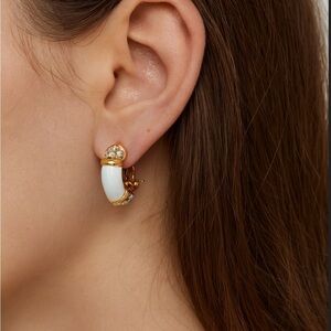 Nina Ricci Gold and White Enamel Hoop Earrings with Crystals